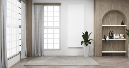 Shelf wall room zen style and decoraion wooden design, earth tone.3D renderingの写真素材