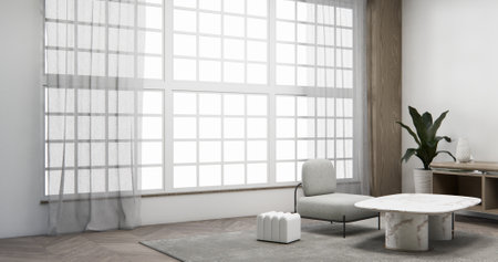 Cabinet wall shelves on empty room with decoration ,lamp, plants, carpet, sofa.3D renderingの写真素材
