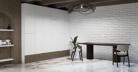 Cabinet wall shelves on empty room with decoration, lamp, plants, carpet, sofa. 3D renderingの写真素材