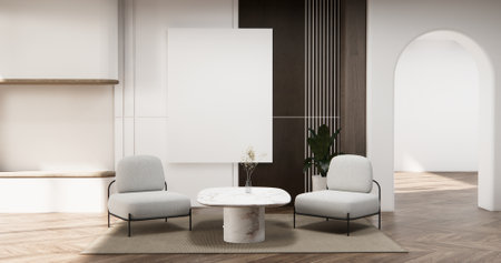 Cabinet wall shelves on empty room with decoration ,lamp, plants, carpet, sofa.3D rendering