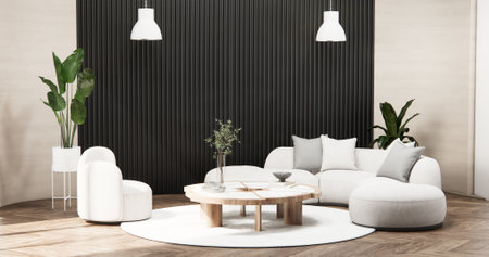 white room and black panels wall background and decor living room 3D illustration renderingの写真素材