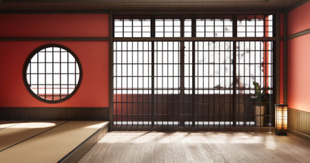 Orange room mockup with japan decoration on minimal living room .3D renderingの写真素材