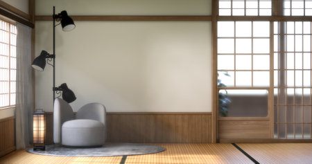 arm chair and decoration japanese on Modern room interior wabisabi style.3D renderingの写真素材