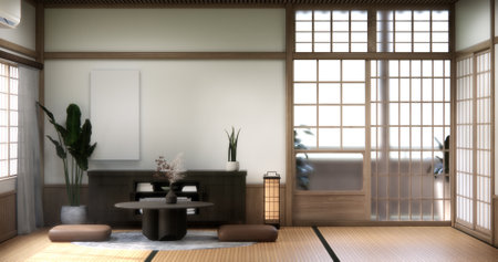 Japanese traditional low table and decoration on minimal muji room japan style.3D renderingの写真素材