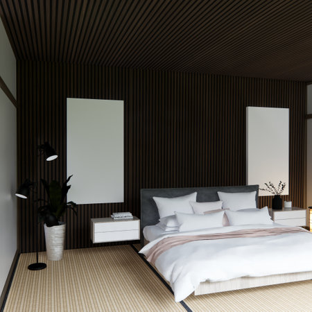 Bed room Japanese traditional and mattress bed modern and decoration to make the room look culture . 3D renderingの写真素材