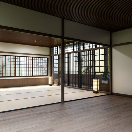 Japan tatami mat floor Living room interior cleaning room with decoration Japanese style. 3D renderingの写真素材