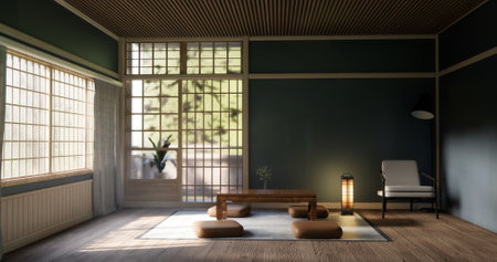 Japanese traditional low table and decoration on minimal muji room japan style.3D renderingの写真素材