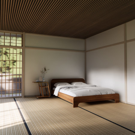 Bed room Japanese traditional and mattress bed modern and decoration to make the room look culture . 3D renderingの写真素材