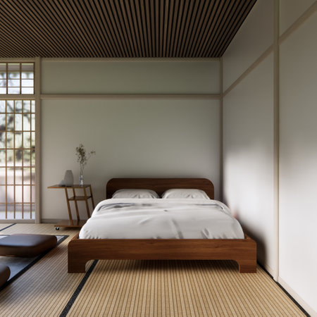 Bed room Japanese traditional and mattress bed modern and decoration to make the room look culture . 3D renderingの写真素材