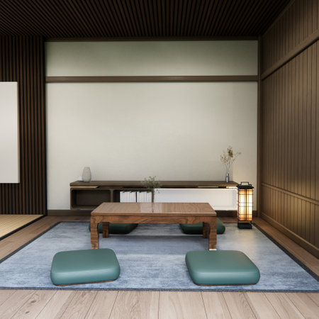 Japanese traditional low table and decoration on minimal muji room japan style.3D renderingの写真素材