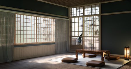 Japanese traditional low table and decoration on minimal muji room japan style.3D renderingの写真素材