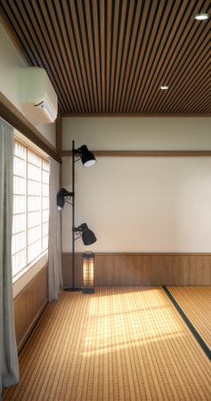 Japan modern room interior cleaning room with tatami mat and lamp Japanese style. 3D renderingの写真素材