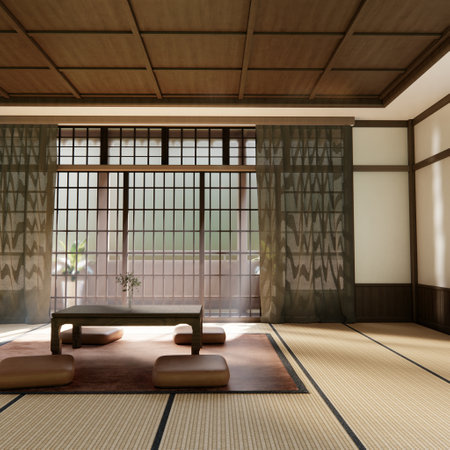 Japanese traditional low table and decoration on minimal muji room japan style.3D renderingの写真素材