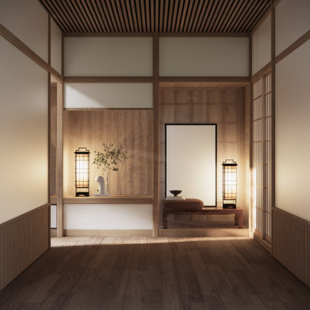 Asia wood room interior cleaning room with decoration Japanese style. 3D renderingの写真素材