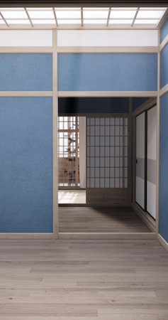 Cool colors give a feeling of coolness and calmness. Japanese traditional room, Mock up empty room and decoration room japan style.3D renderingの写真素材