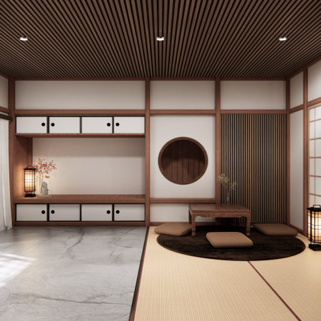 Chabudai japan traditional low table and decoration on minimal Japandi room japan style.3D renderingの写真素材