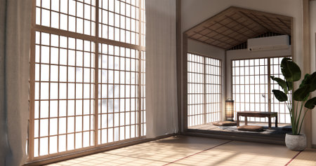 Chabudai japan traditional low table and decoration on minimal Japandi room japan style.3D renderingの写真素材