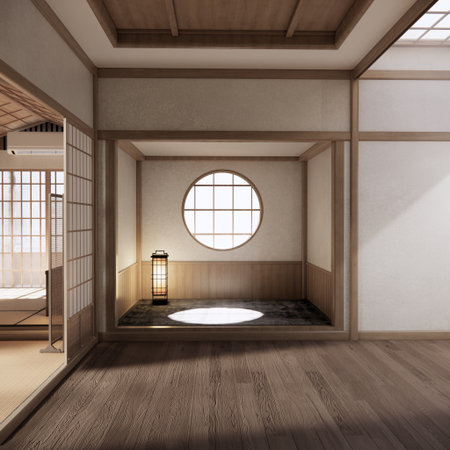 Mock up Cabinet design on earth tone wood room interior modern style .3D renderingの写真素材
