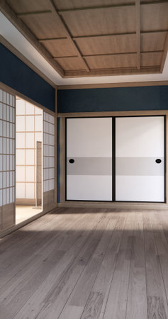 Cool colors give a feeling of coolness and calmness. Japanese traditional room, Mock up empty room and decoration room japan style.3D renderingの写真素材