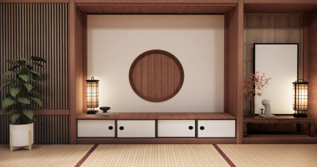 Tatami mat floor, room japanese traditional style. 3D renderingの写真素材
