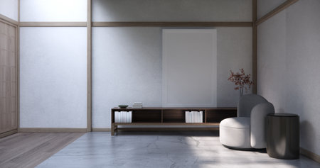 Cool colors give a feeling of coolness and calmness. Japanese traditional room, Mock up empty room and decoration room japan style.3D renderingの写真素材