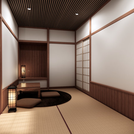 Chabudai japan traditional low table and decoration on minimal Japandi room japan style.3D renderingの写真素材