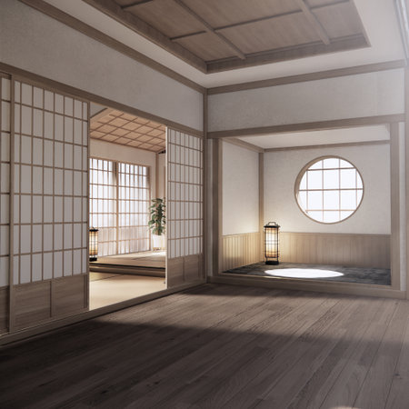 Mock up Cabinet design on earth tone wood room interior modern style .3D renderingの写真素材