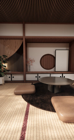 Chabudai japan traditional low table and decoration on minimal Japandi room japan style.3D renderingの写真素材