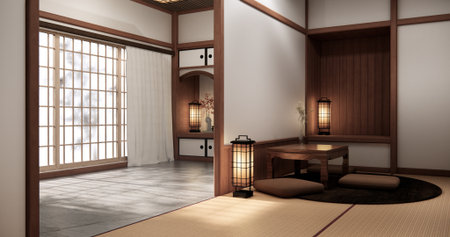 Chabudai japan traditional low table and decoration on minimal Japandi room japan style.3D renderingの写真素材