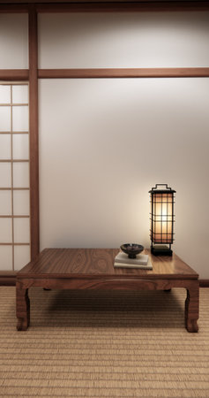 Chabudai japan traditional low table and decoration on minimal Japandi room japan style.3D renderingの写真素材