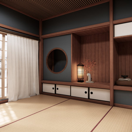 Tokonoma wall design Living room interior cleaning room Japanese traditional style. 3D renderingの写真素材