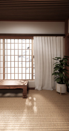 Chabudai japan traditional low table and decoration on minimal Japandi room japan style.3D renderingの写真素材