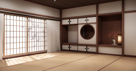 Circle shelf wall and decoration lamp on empty room japanese traditional.3D renderingの写真素材