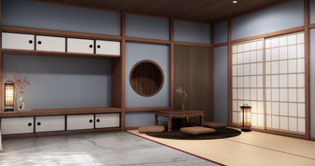Circle shelf wall and decoration lamp on empty room japanese traditional.3D renderingの写真素材
