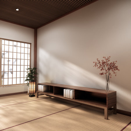 Mock up Cabinet design on earth tone wood room interior modern style .3D renderingの写真素材