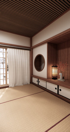 Circle shelf wall and decoration lamp on empty room japanese traditional.3D renderingの写真素材