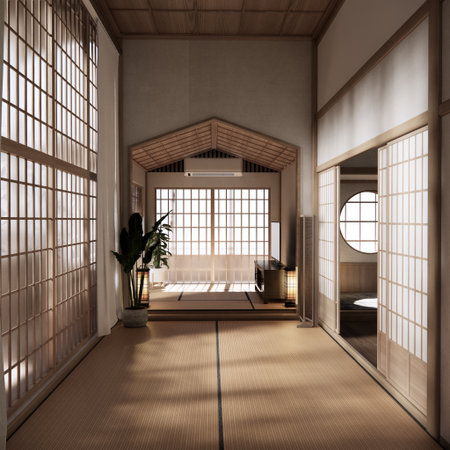 Tatami mat floor, room japanese traditional style. 3D renderingの写真素材