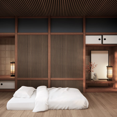 Bedroom Japanese traditional and mattress bed on floor and decoration japanese . 3D renderingの写真素材