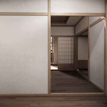 Mock up Cabinet design on earth tone wood room interior modern style .3D renderingの写真素材