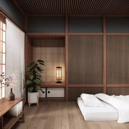 Bedroom Japanese traditional and mattress bed on floor and decoration japanese . 3D renderingの写真素材