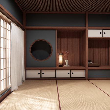 Circle shelf wall and decoration lamp on empty room japanese traditional.3D renderingの写真素材