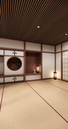 Circle shelf wall and decoration lamp on empty room japanese traditional.3D renderingの写真素材