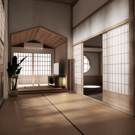 Tatami mat floor, room japanese traditional style. 3D renderingの写真素材
