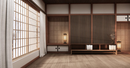 Mock up Cabinet design on earth tone wood room interior modern style .3D renderingの写真素材