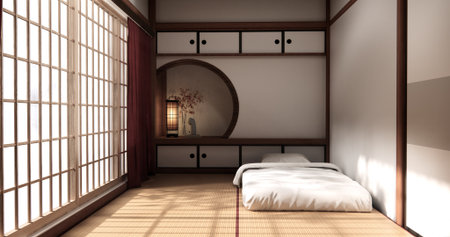 Bedroom Japanese traditional and mattress bed on floor and decoration japanese . 3D renderingの写真素材