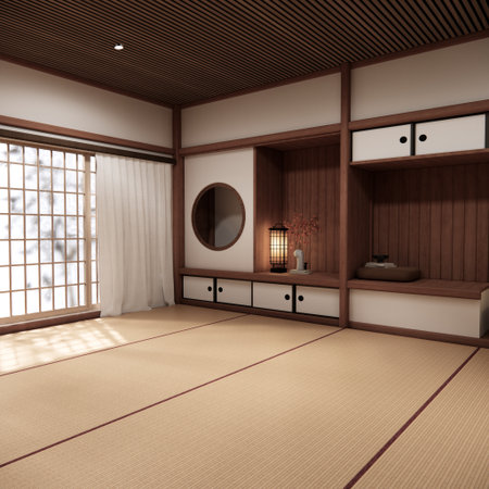 Circle shelf wall and decoration lamp on empty room japanese traditional.3D renderingの写真素材