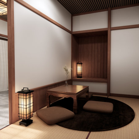 Chabudai japan traditional low table and decoration on minimal Japandi room japan style.3D renderingの写真素材