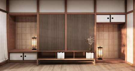 Tokonoma wall design Living room interior cleaning room Japanese traditional style. 3D renderingの写真素材