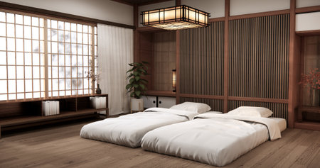 Bedroom Japanese traditional and mattress bed on floor and decoration japanese . 3D renderingの写真素材