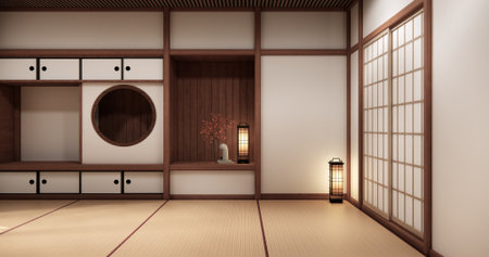 Circle shelf wall and decoration lamp on empty room japanese traditional.3D renderingの写真素材